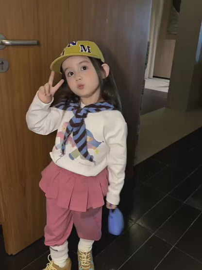 Girls Cartoon Print Tee & Skirt-Panel Pants Set - Korean Autumn Two-Piece