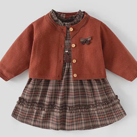 Girls Autumn Set - Plaid Princess Dress and Cardigan