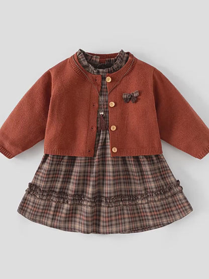 Girls Autumn Set - Plaid Princess Dress and Cardigan