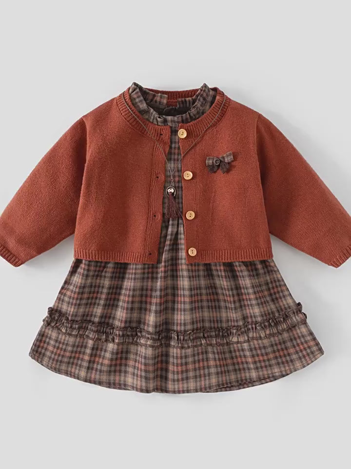 Girls Autumn Set - Plaid Princess Dress and Cardigan