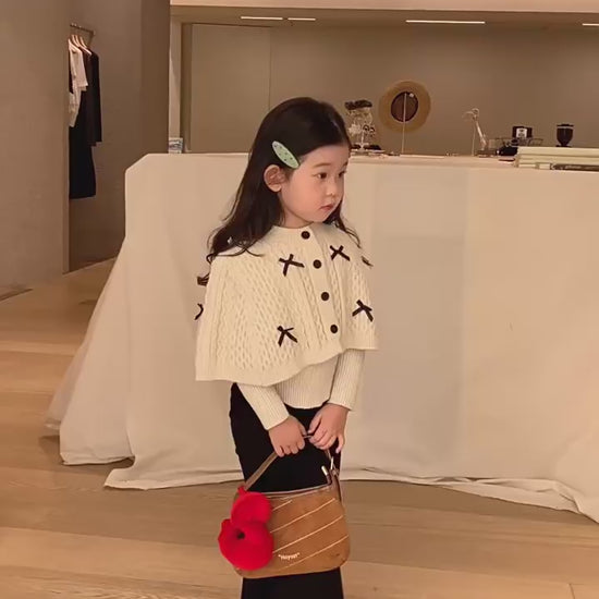 Girls Cape Sweater & Flare Pants Set - Bow-Detail Autumn Two-Piece