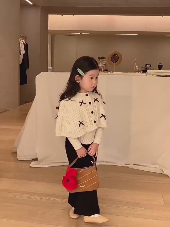 Girls Cape Sweater & Flare Pants Set - Bow-Detail Autumn Two-Piece