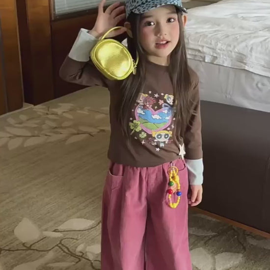 Girls Cartoon Tee & Corduroy Wide-Leg Pants Set with Charm - Korean Autumn Two-Piece
