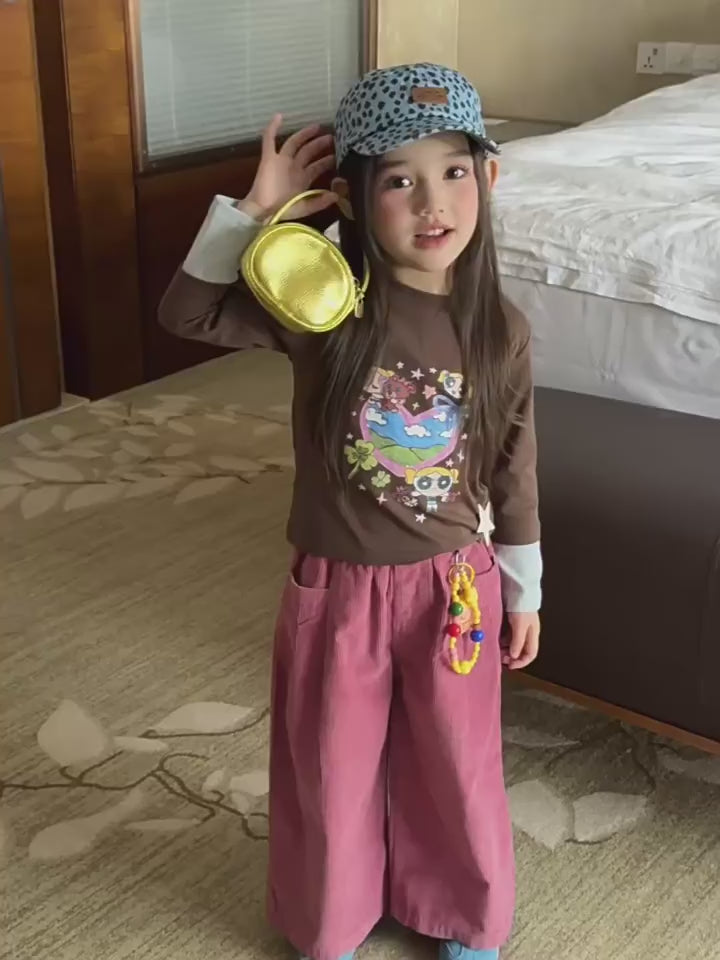 Girls Cartoon Tee & Corduroy Wide-Leg Pants Set with Charm - Korean Autumn Two-Piece