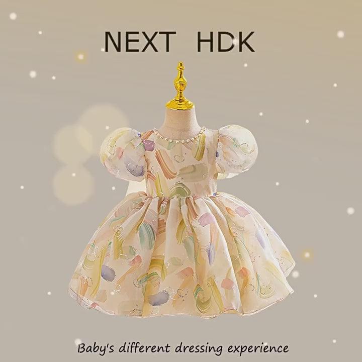 Girls Puff Sleeve Bow Dress - Birthday Party