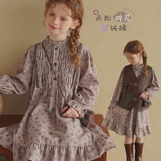 Girls Floral Long Sleeve Cotton Dress - French Vintage Autumn