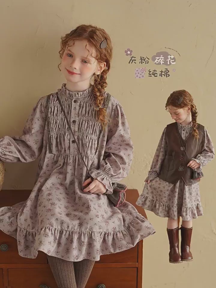 Girls Floral Long Sleeve Cotton Dress - French Vintage Autumn